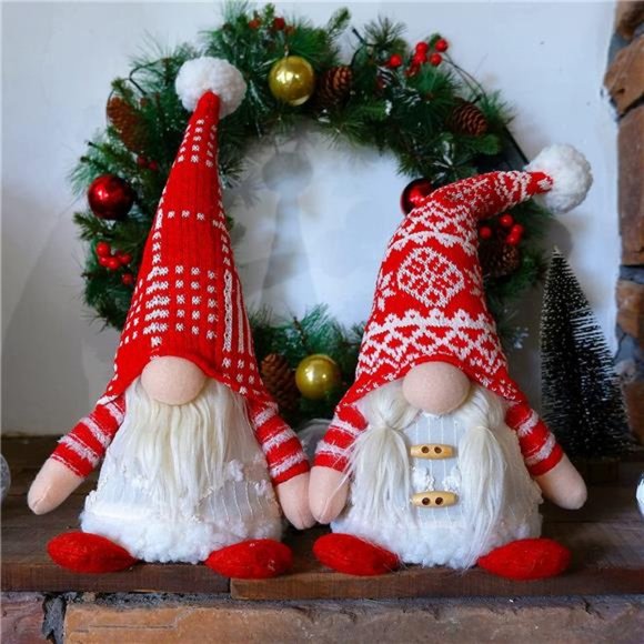 2 Pack Lighted Christmas Gnomes, 14 Inch Plush Scandinavian Swedish Tomte - Picture 2 of 6